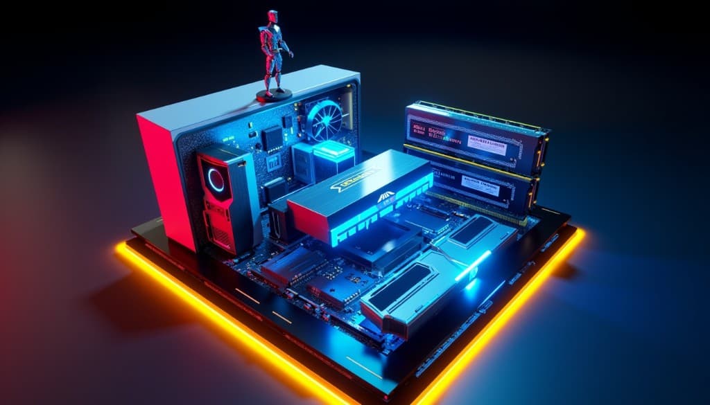 Изометрическая схема: GPU, модули RAM, корпус ПК и фигурка робота-капитана, неоновая подсветка